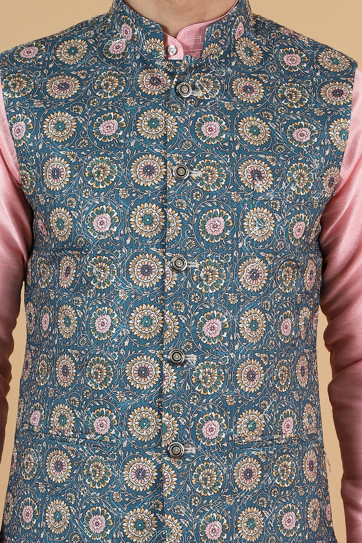 Digital Print Cotton Silk Blue Modi Nehru Jacket