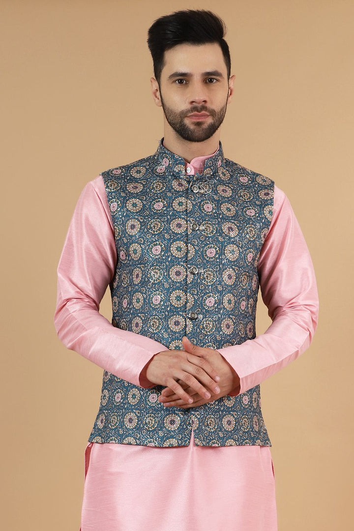 Digital Print Cotton Silk Blue Modi Nehru Jacket