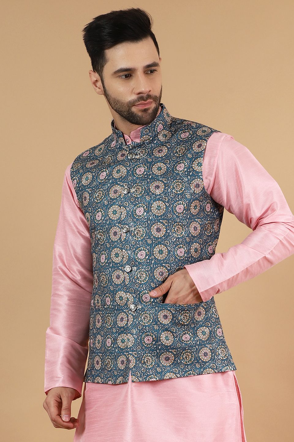 Digital Print Cotton Silk Blue Modi Nehru Jacket
