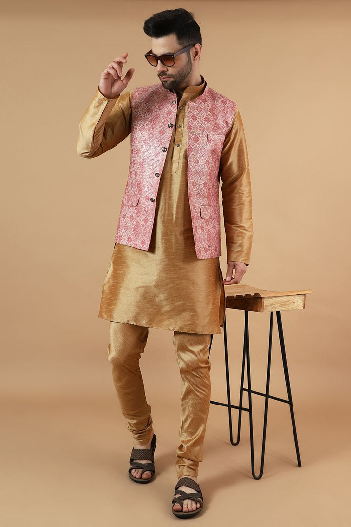 Digital Print Cotton Silk Pink Modi Nehru Jacket