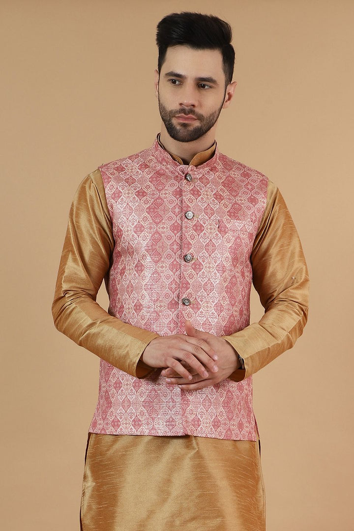 Digital Print Cotton Silk Pink Modi Nehru Jacket