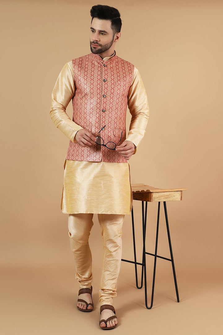 Digital Print Cotton Silk Pink Modi Nehru Jacket