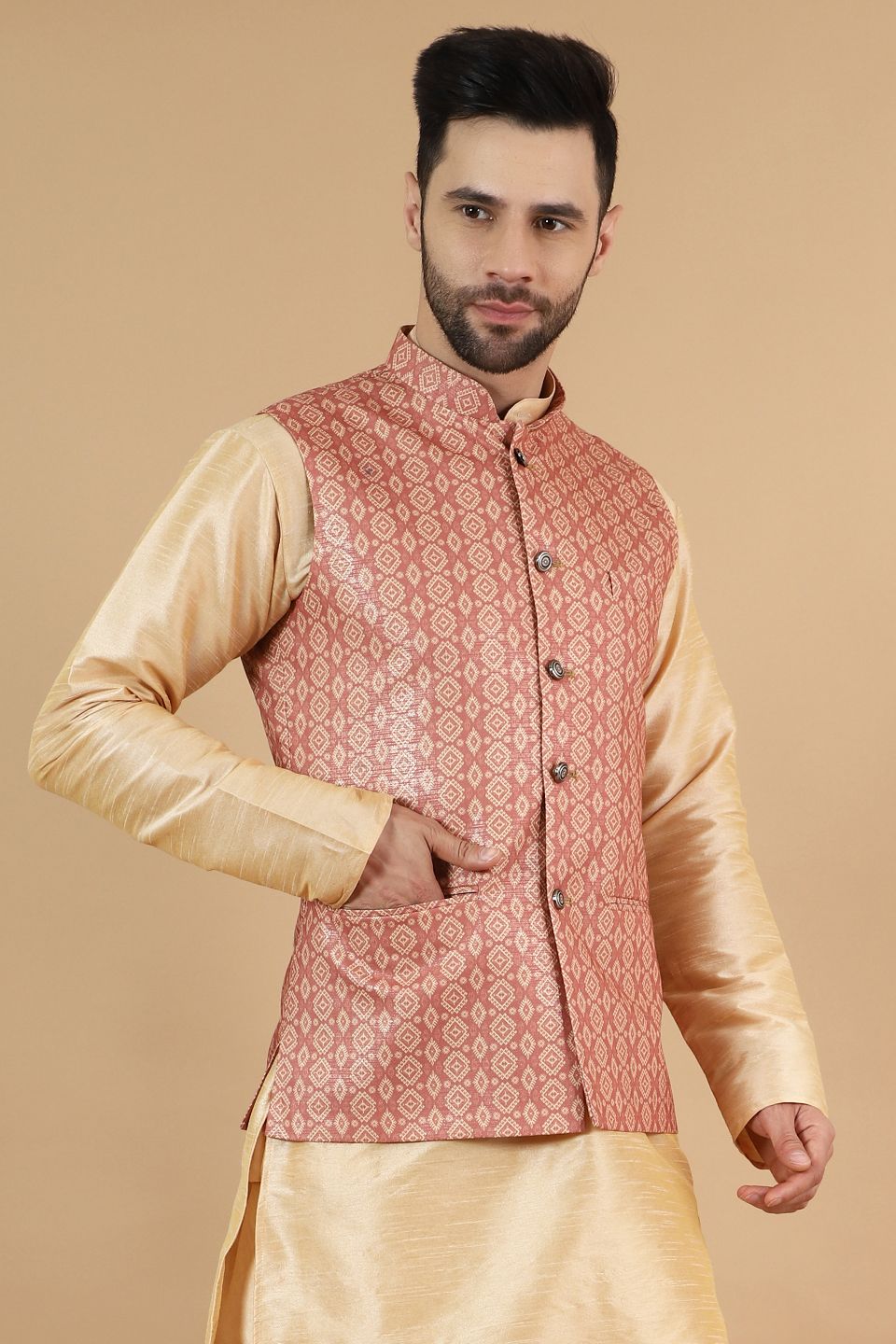 Digital Print Cotton Silk Pink Modi Nehru Jacket