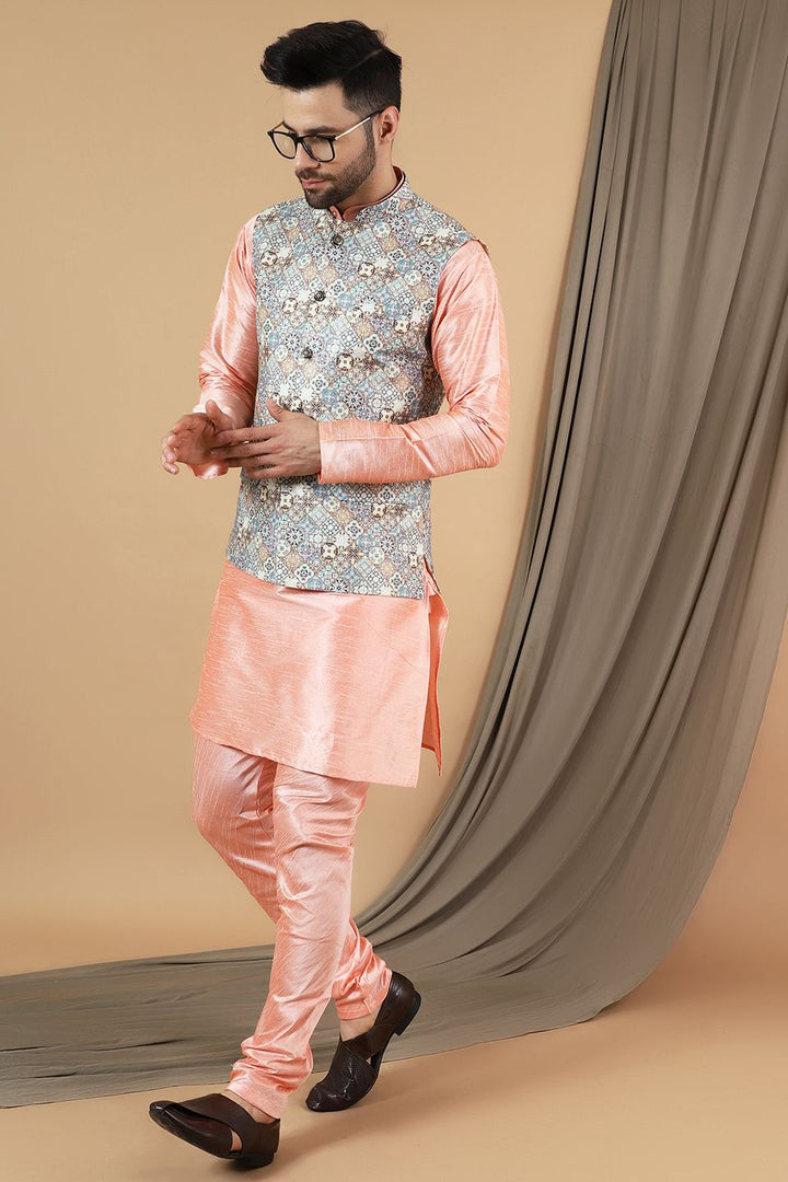 Digital Print Cotton Silk Grey Modi Nehru Jacket