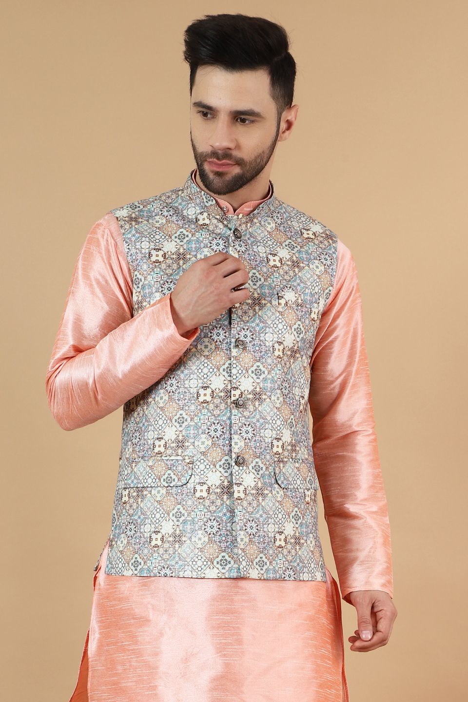 Digital Print Cotton Silk Grey Modi Nehru Jacket