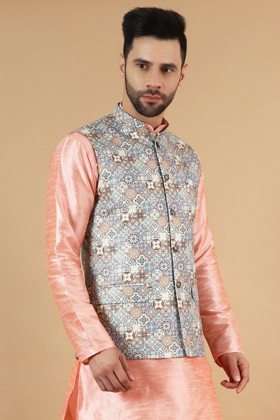 Digital Print Cotton Silk Grey Modi Nehru Jacket