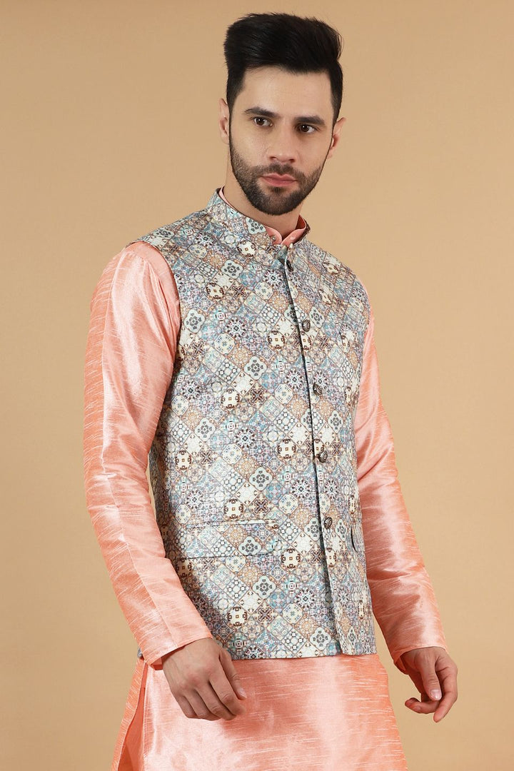 Digital Print Cotton Silk Grey Modi Nehru Jacket