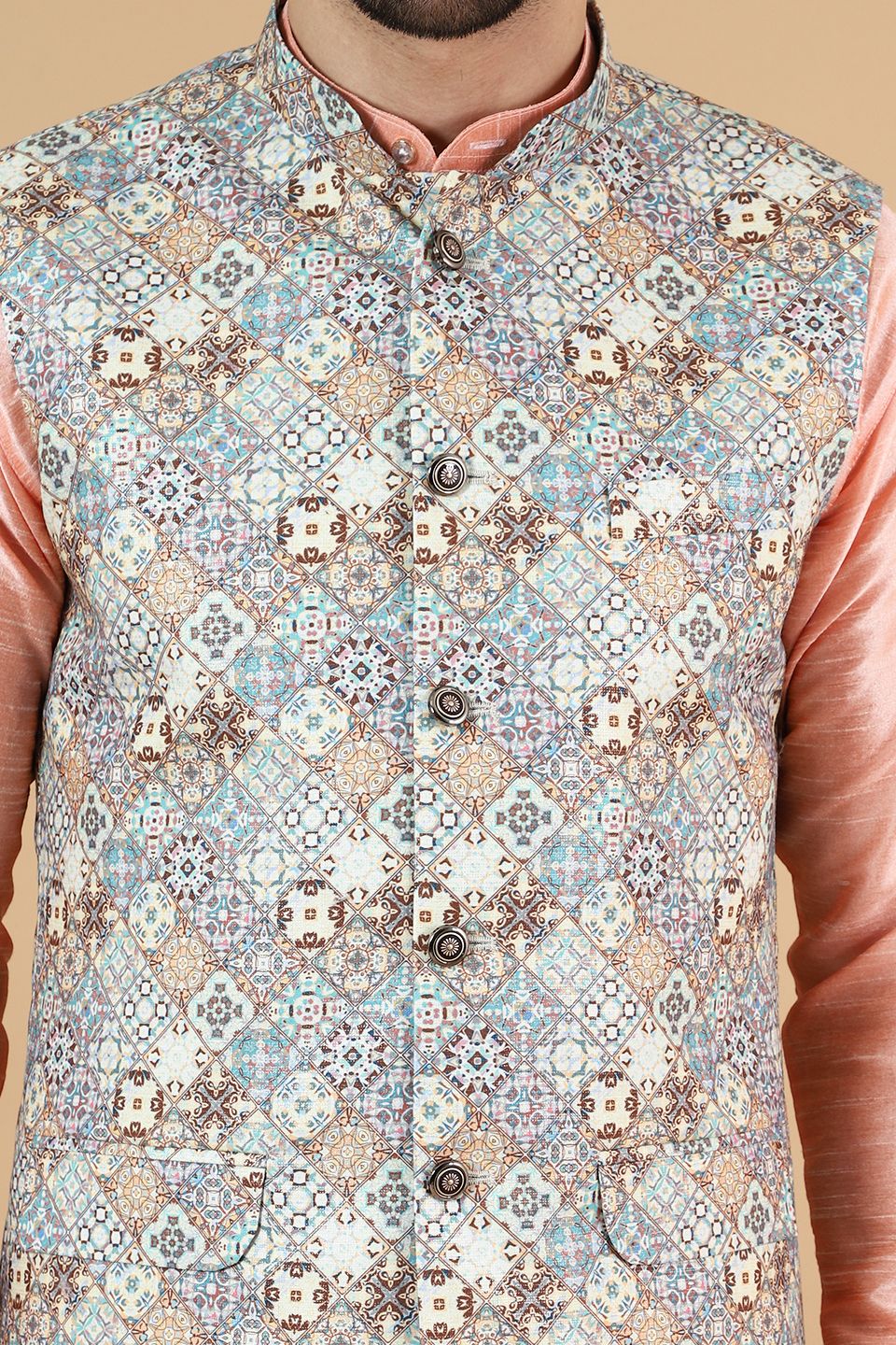 Digital Print Cotton Silk Grey Modi Nehru Jacket