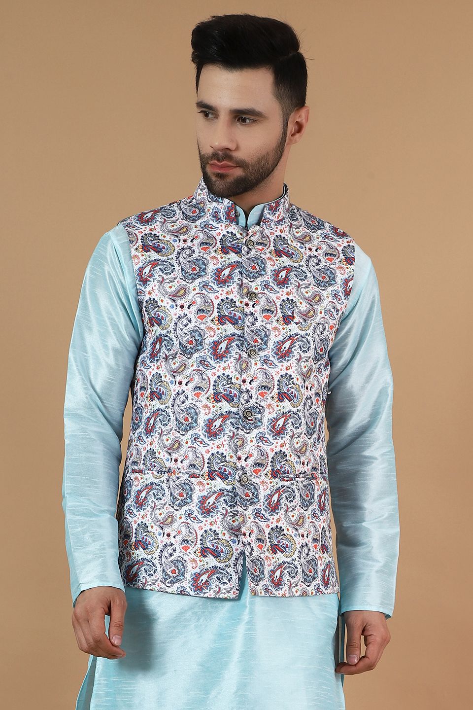Digital Print Cotton Silk White Modi Nehru Jacket