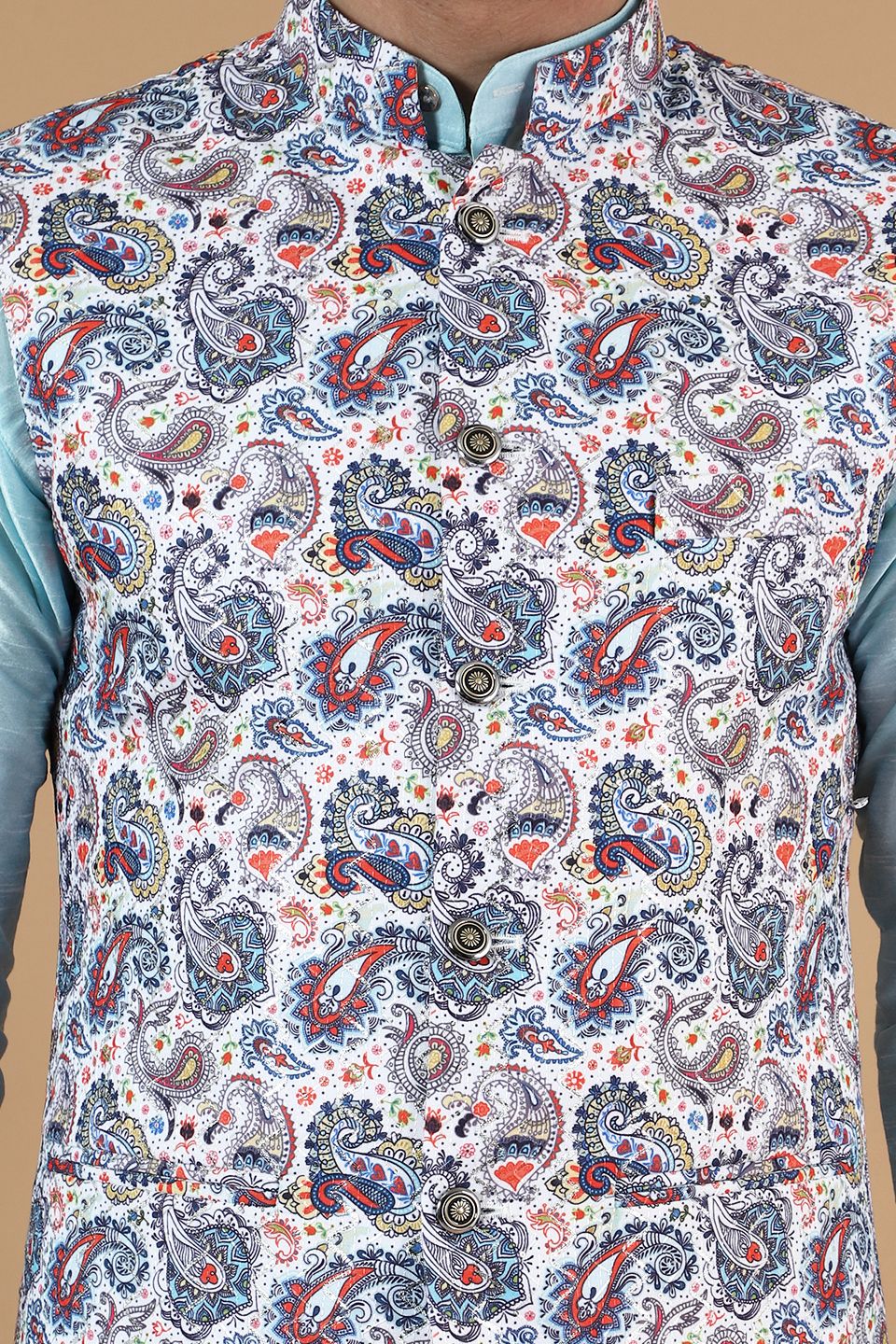 Digital Print Cotton Silk White Modi Nehru Jacket