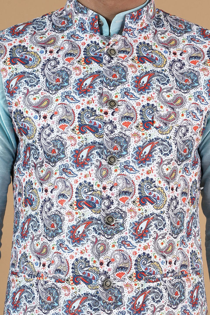 Digital Print Cotton Silk White Modi Nehru Jacket