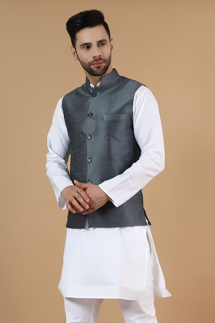 Digital Print Cotton Silk Grey Modi Nehru Jacket