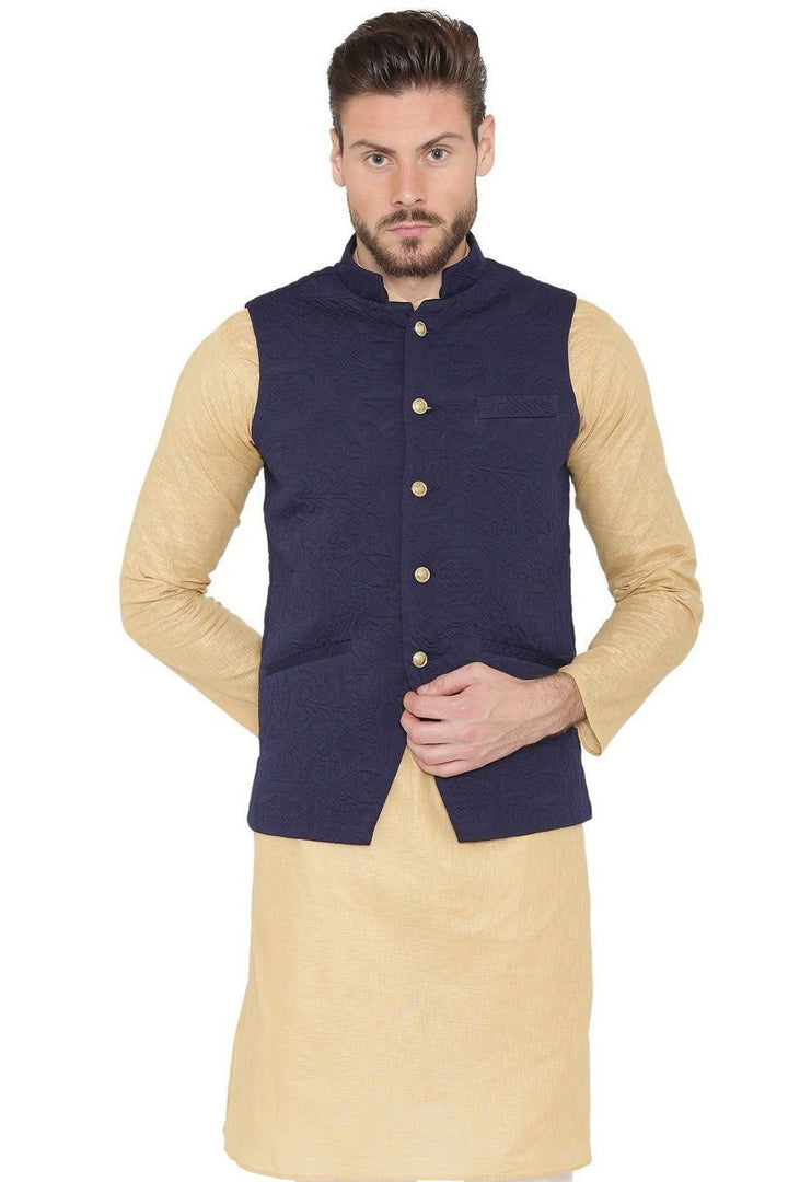 Rayon Embossed Blue Nehru Jacket