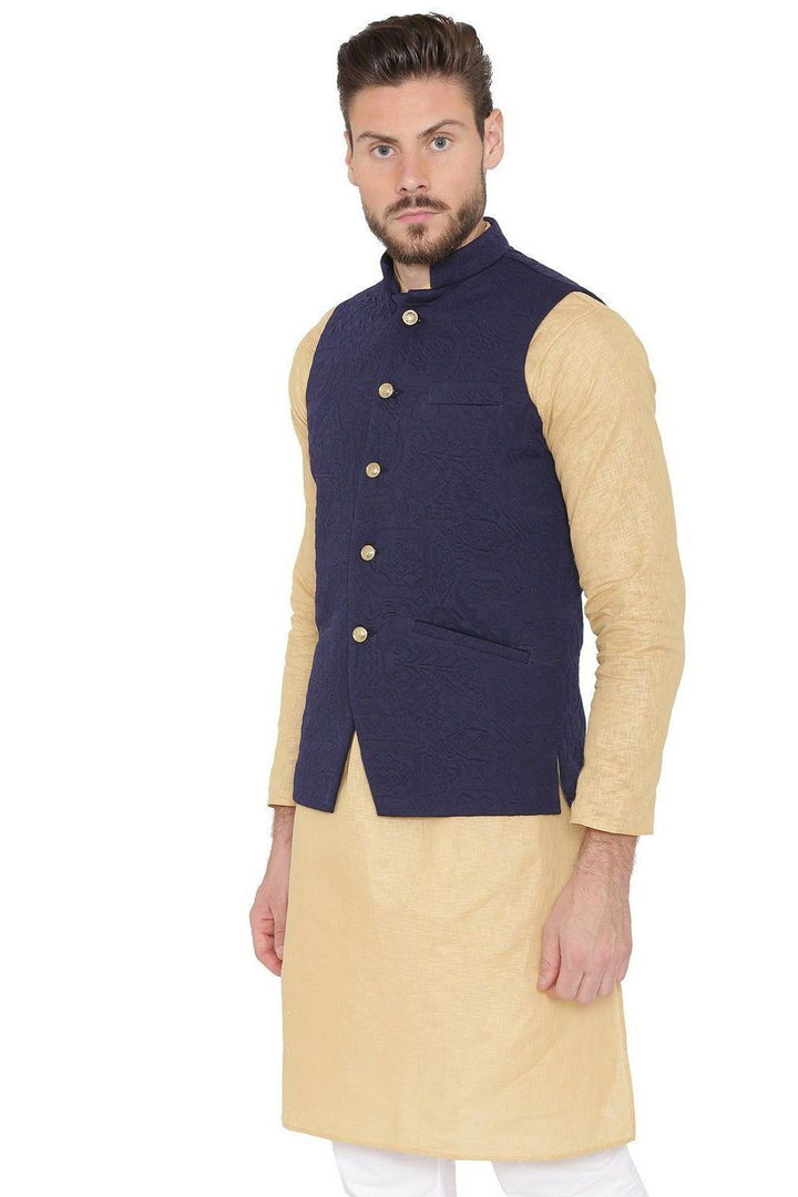 Rayon Embossed Blue Nehru Jacket