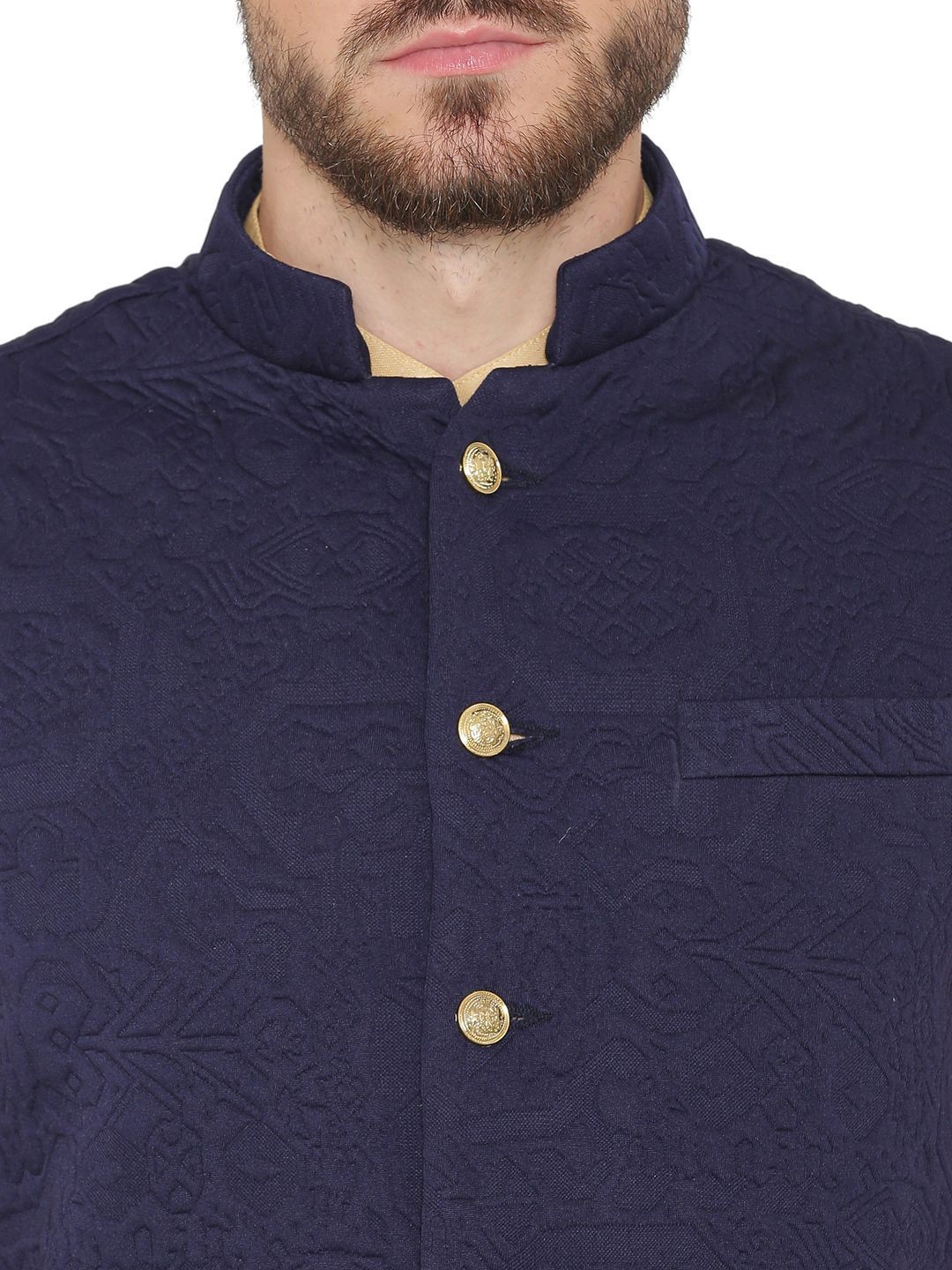 Rayon Embossed Blue Nehru Jacket