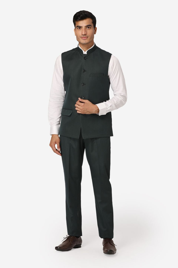 WINTAGE Men's Poly Cotton Casual and Evening Vest & Pant Set : Dark Green