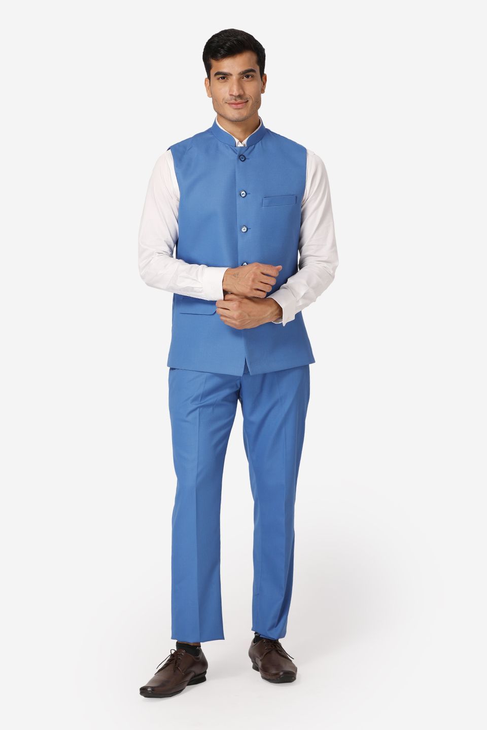 WINTAGE Men's Poly Cotton Casual and Evening Vest & Pant Set : Light Blue