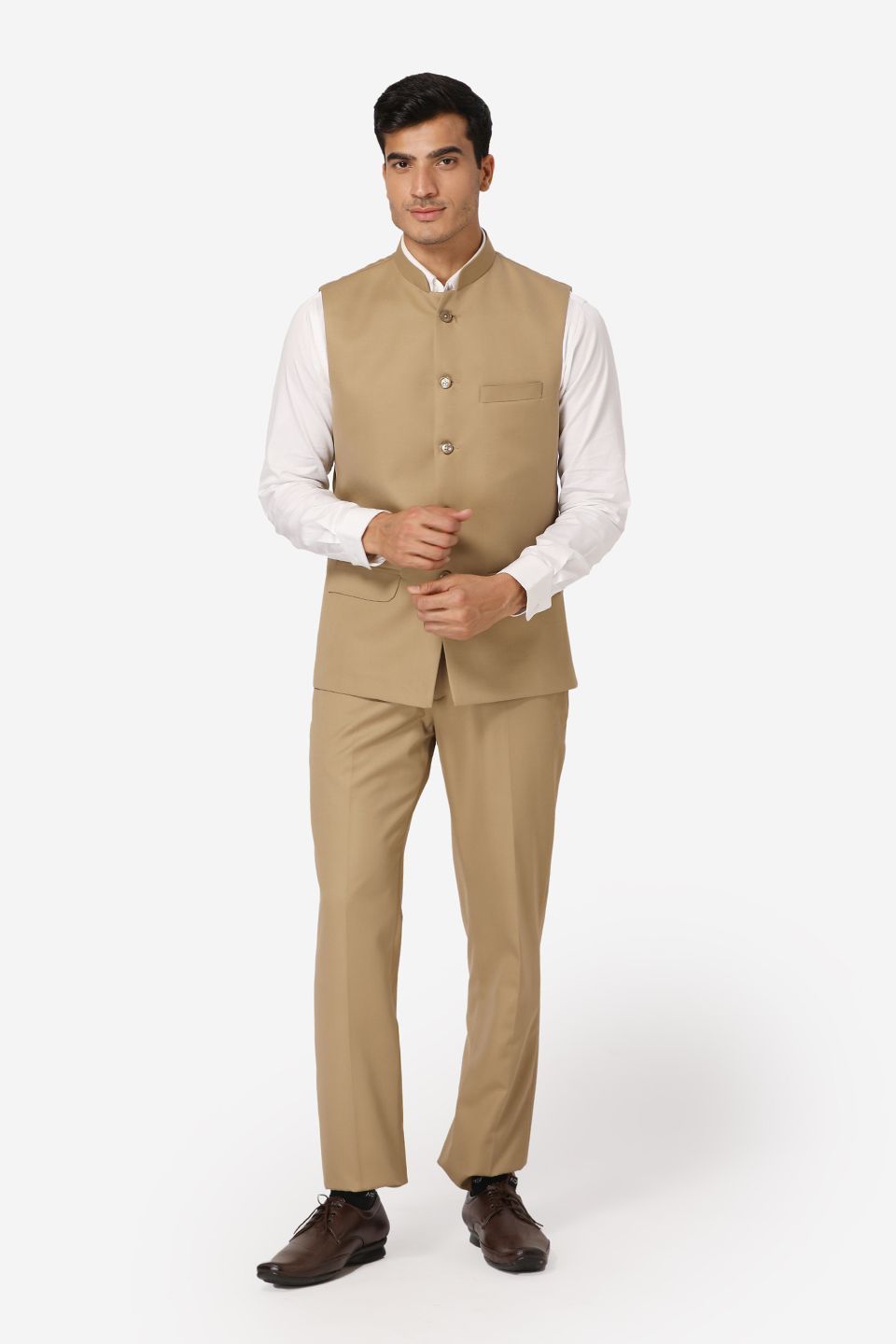 WINTAGE Men's Poly Cotton Casual and Evening Vest & Pant Set : Beige