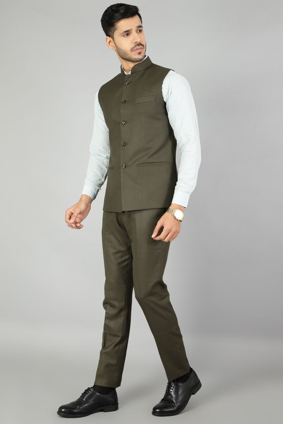 Polyester Cotton Plain Green  Vest and Trouser Set
