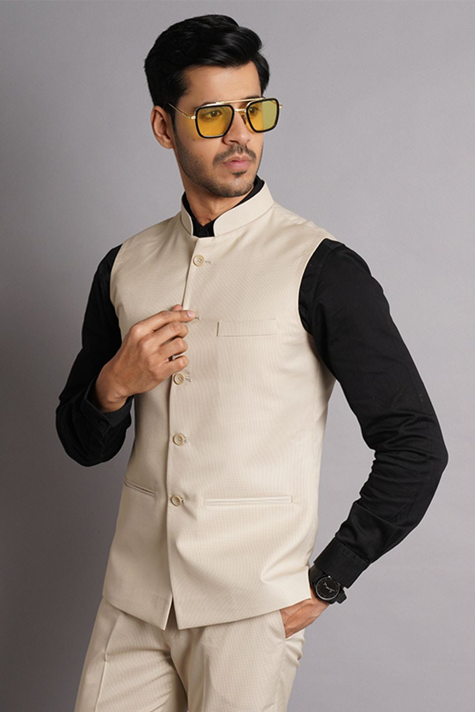 Poly Viscose Beige Solid Vest and Trouser Set