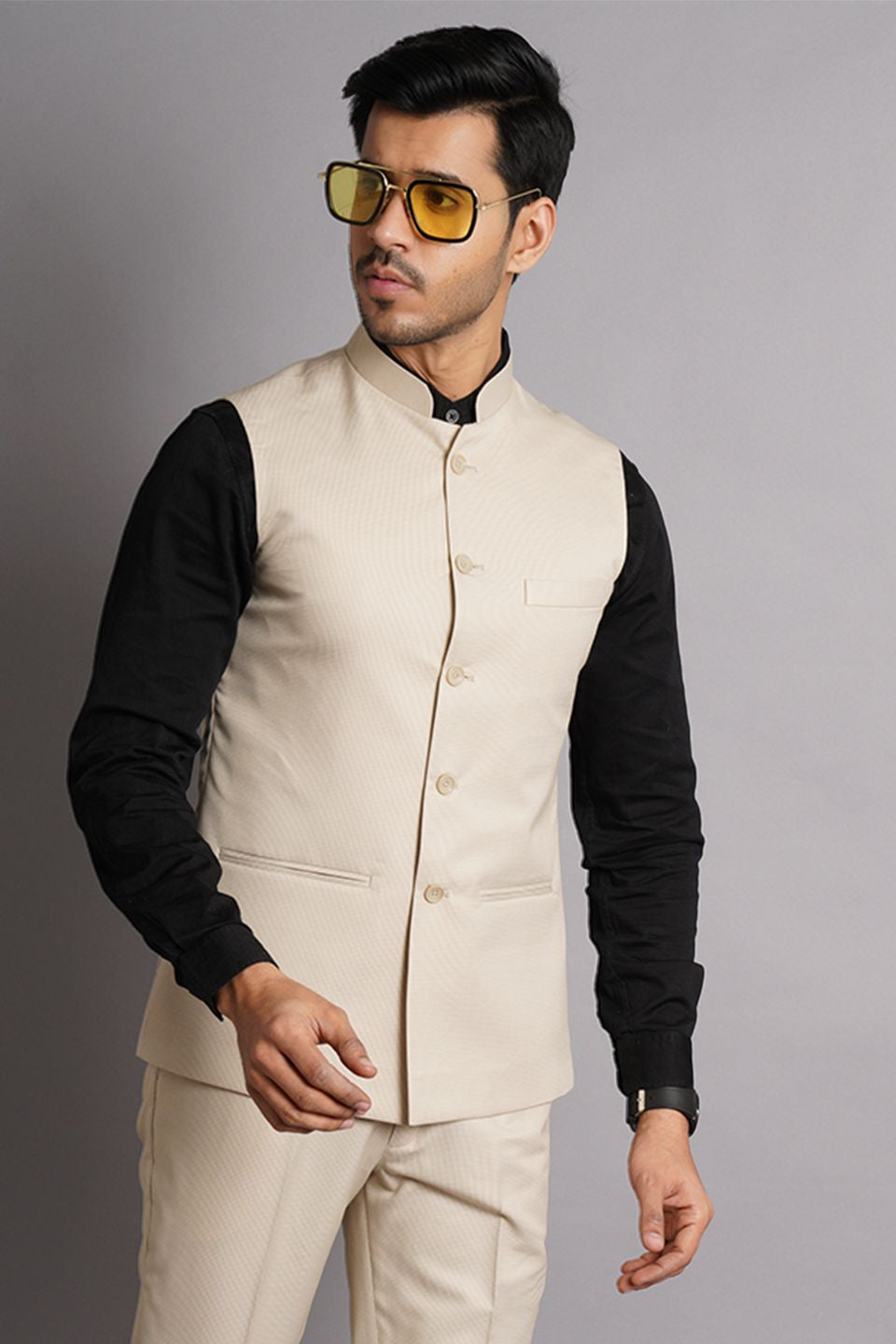 Poly Viscose Beige Solid Vest and Trouser Set