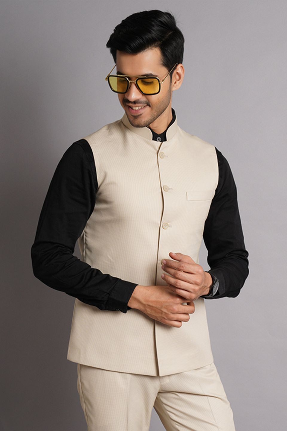 Poly Viscose Beige Solid Vest and Trouser Set
