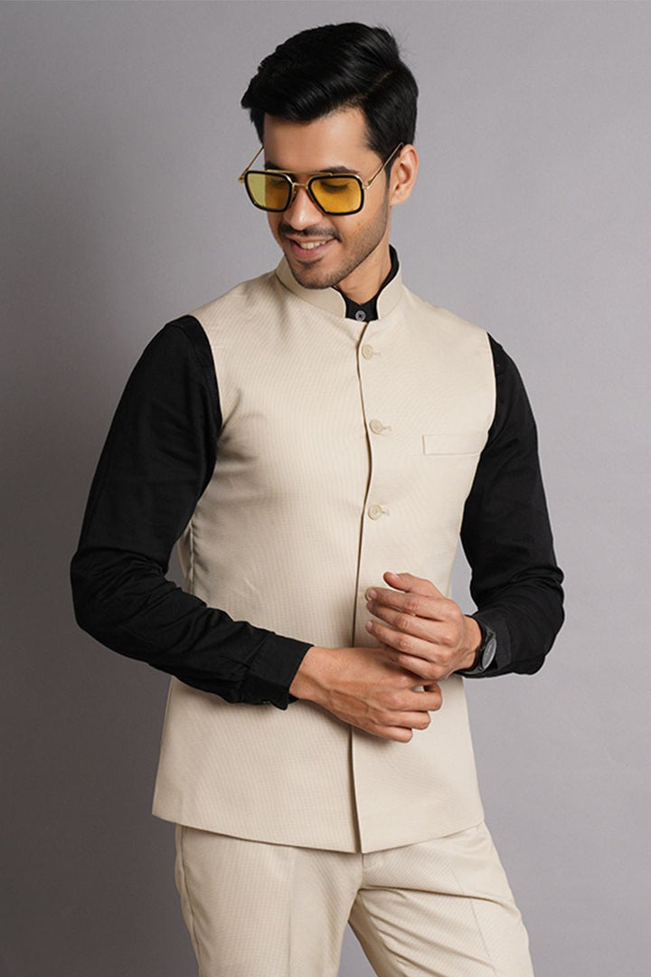 Poly Viscose Beige Solid Vest and Trouser Set