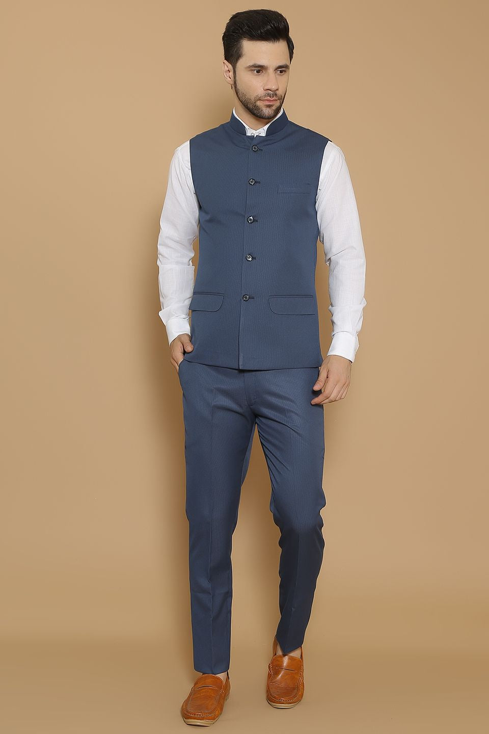 Poly Viscose Blue Vest and Trouser Set