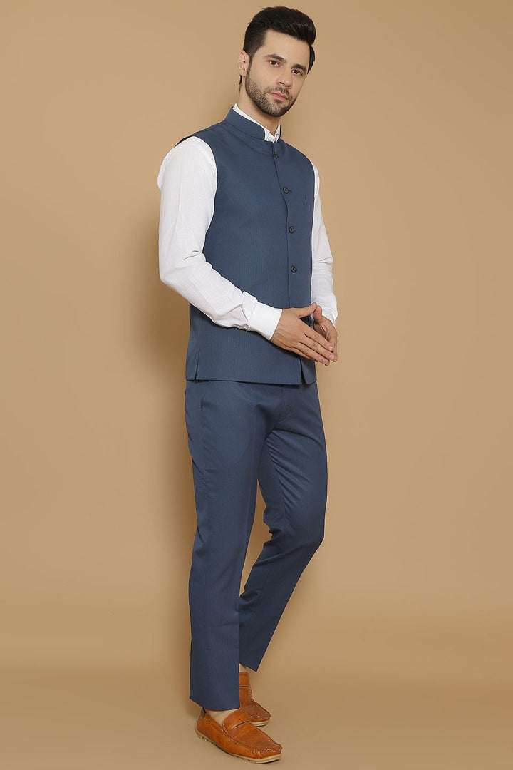 Poly Viscose Blue Vest and Trouser Set