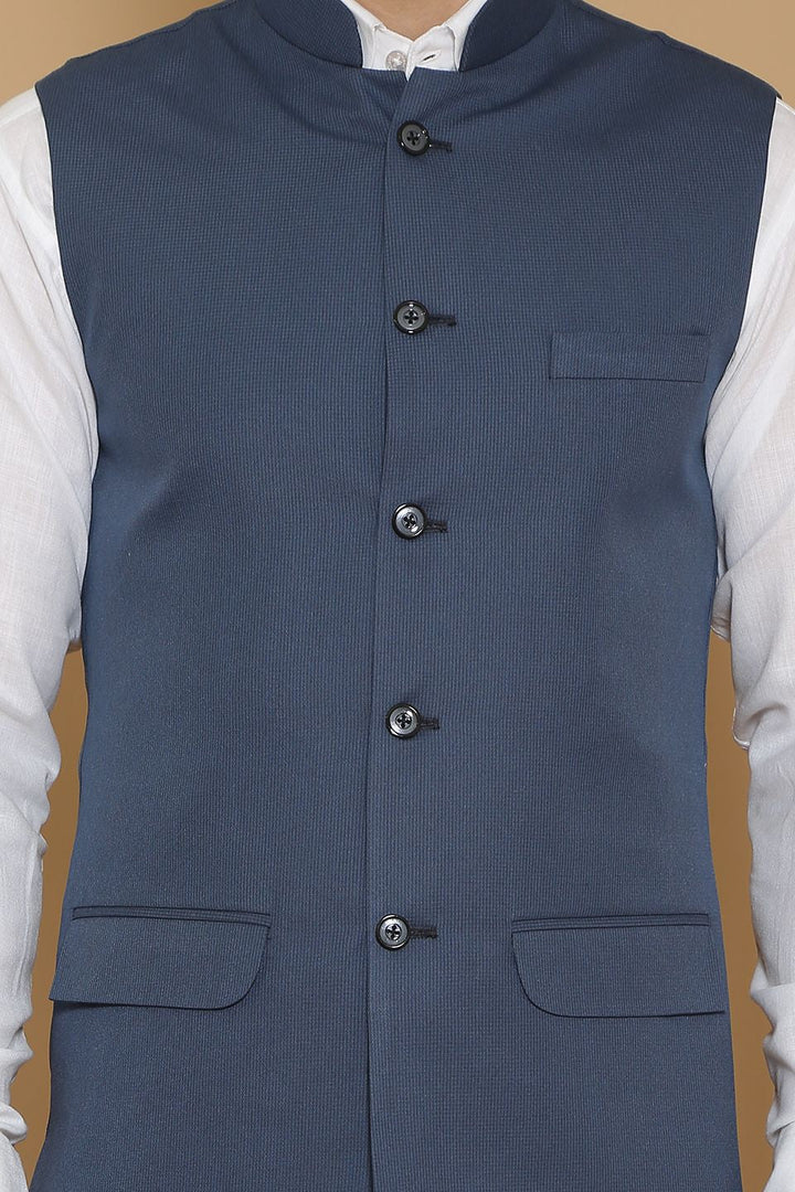 Poly Viscose Blue Vest and Trouser Set