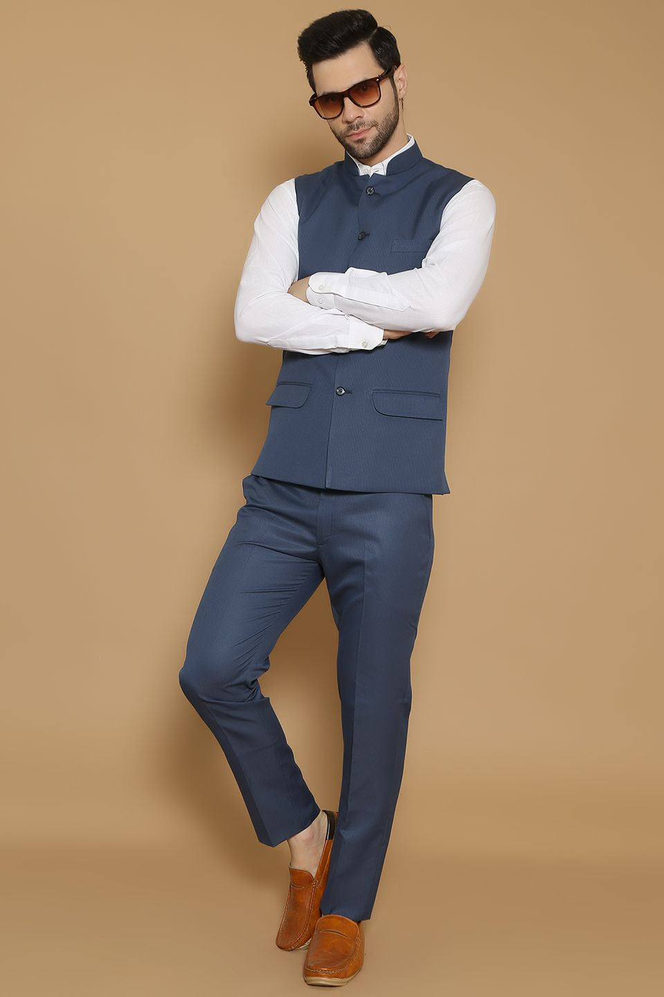 Poly Viscose Blue Vest and Trouser Set