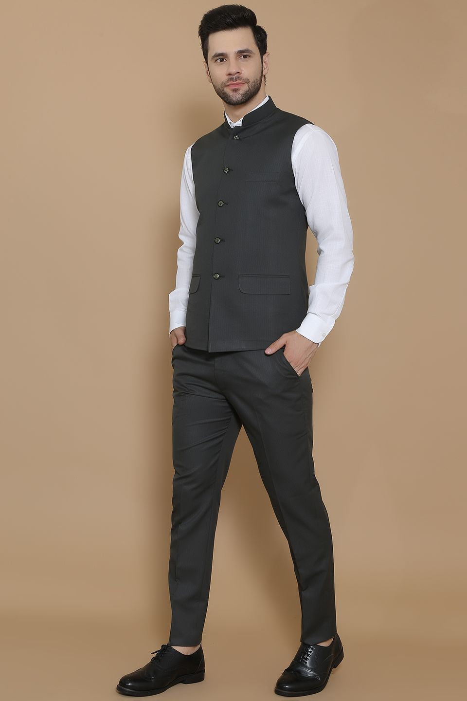 Poly Viscose Green Vest and Trouser Set
