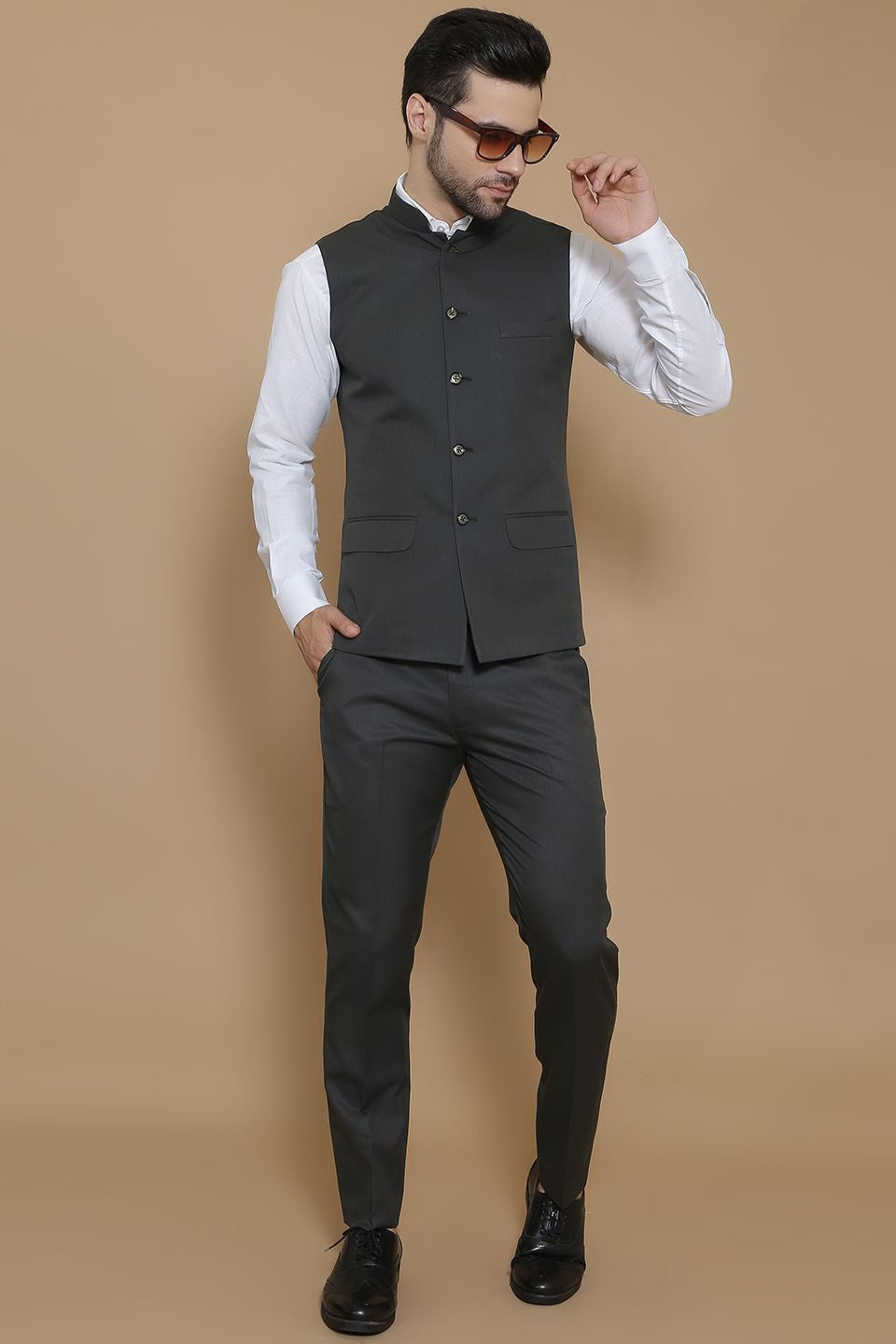 Poly Viscose Green Vest and Trouser Set