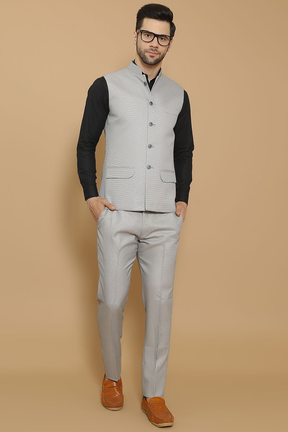 Poly Viscose Grey Vest and Trouser Set