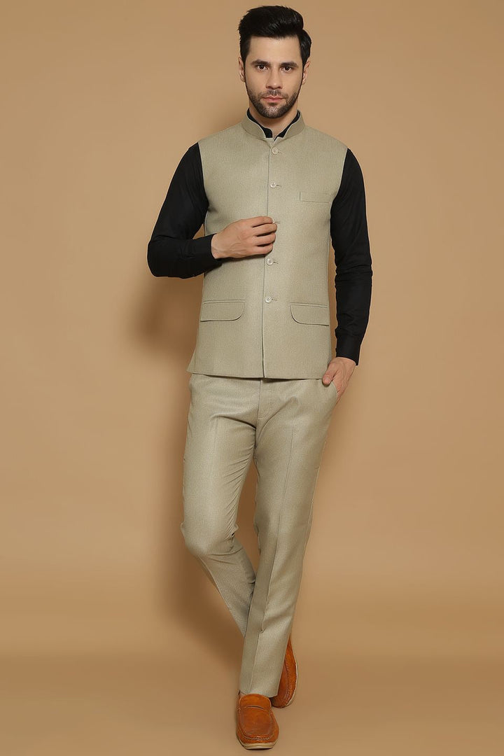 Poly Viscose Beige Vest and Trouser Set
