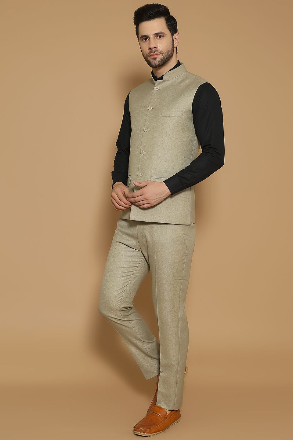 Poly Viscose Beige Vest and Trouser Set