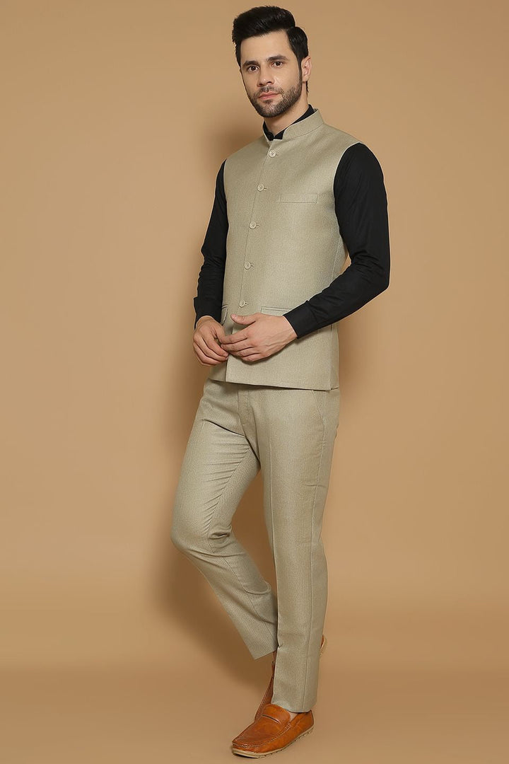 Poly Viscose Beige Vest and Trouser Set