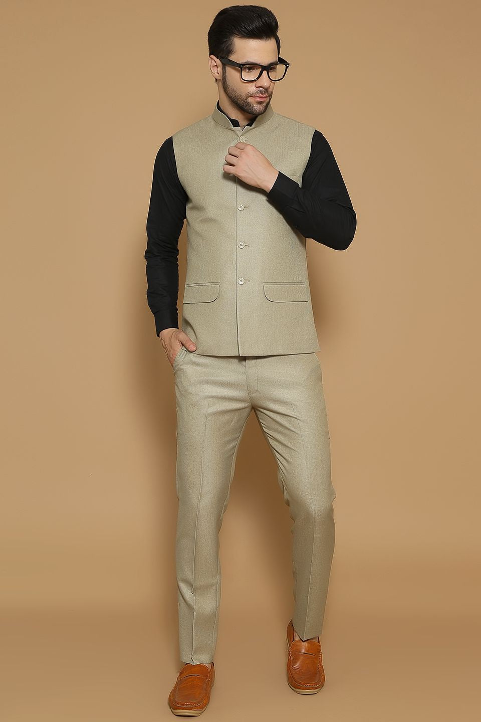 Poly Viscose Beige Vest and Trouser Set