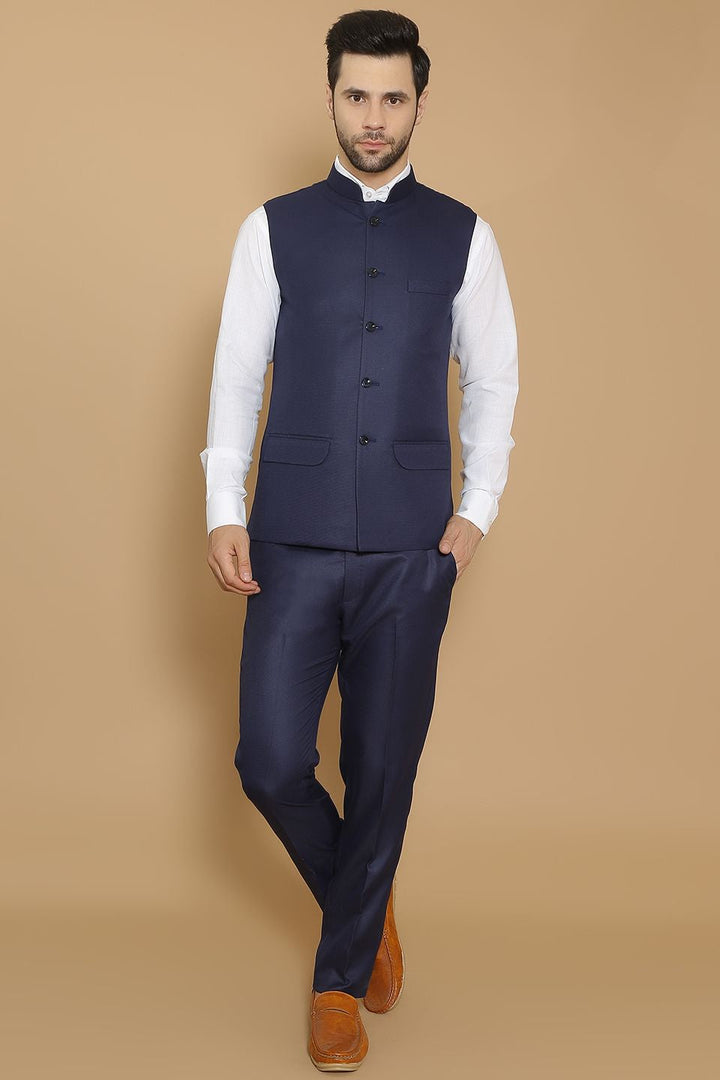 Poly Viscose Blue Vest and Trouser Set