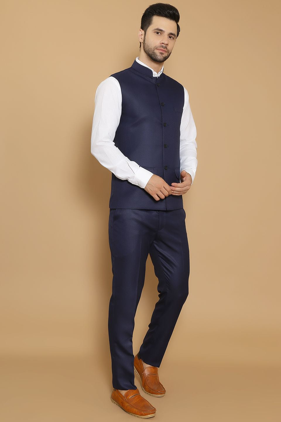 Poly Viscose Blue Vest and Trouser Set