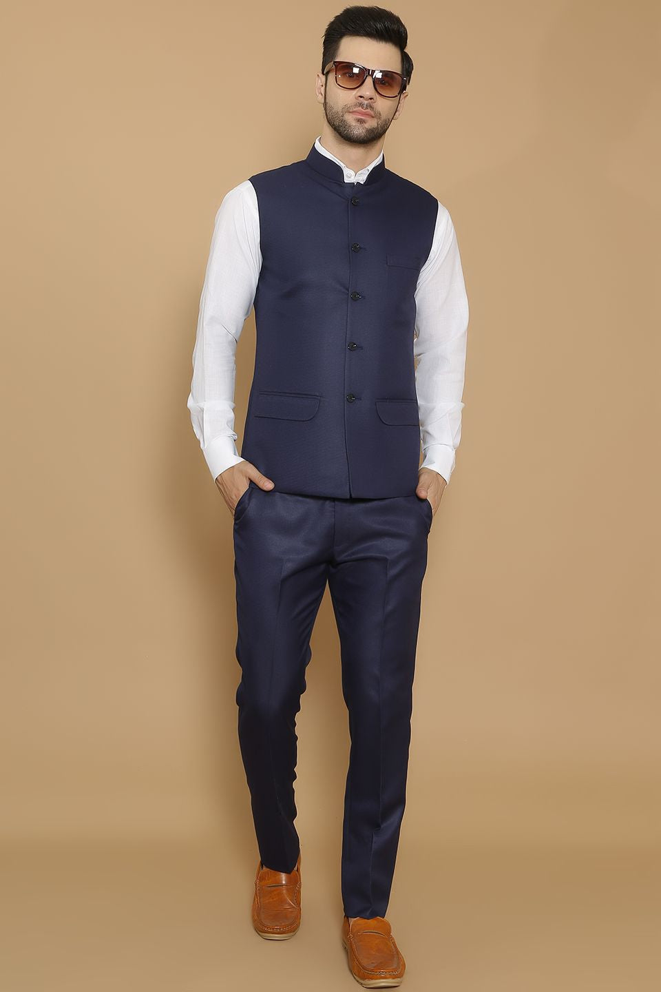 Poly Viscose Blue Vest and Trouser Set