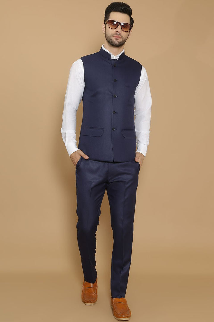 Poly Viscose Blue Vest and Trouser Set