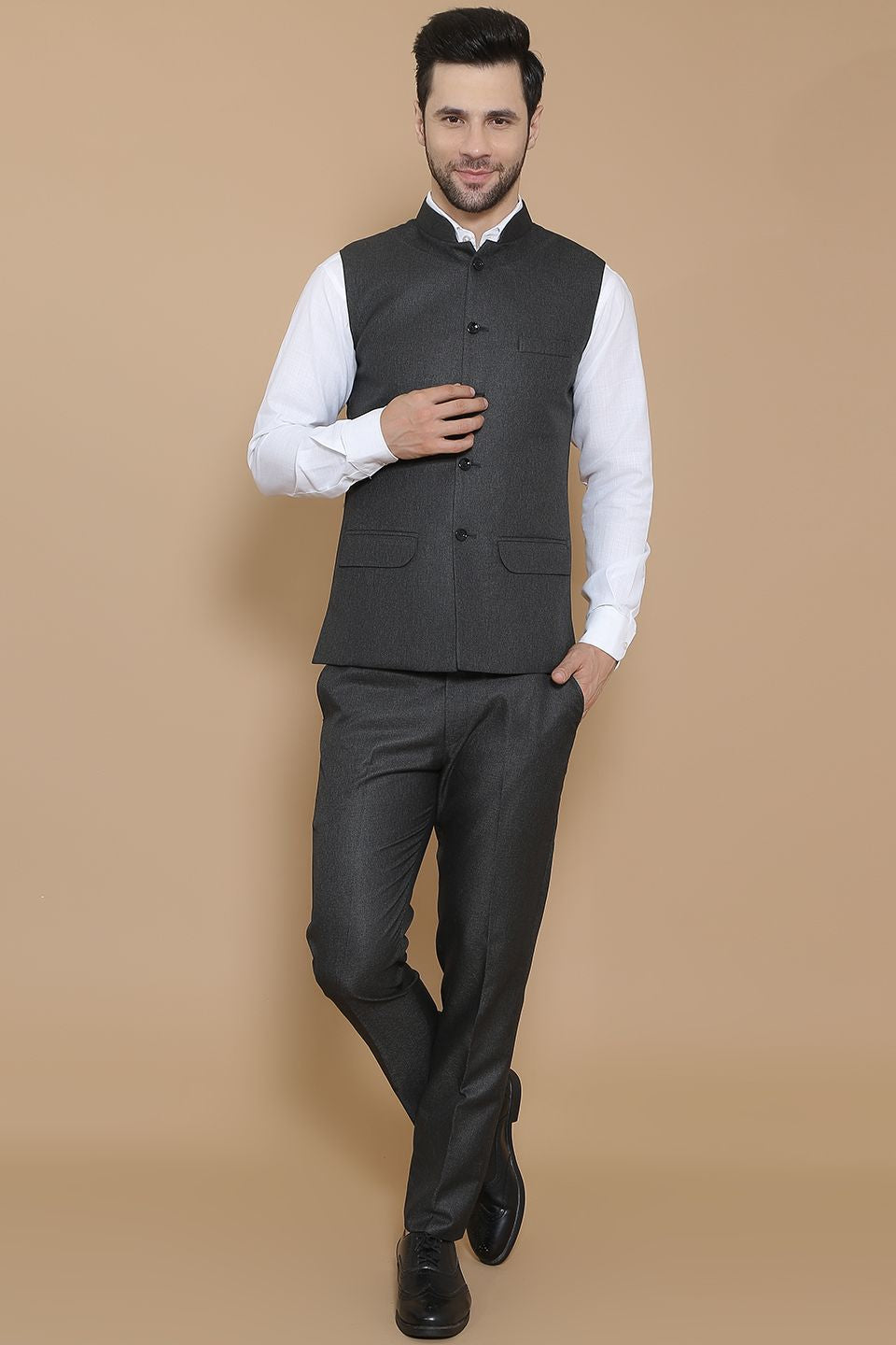 Poly Viscose Black Vest and Trouser Set