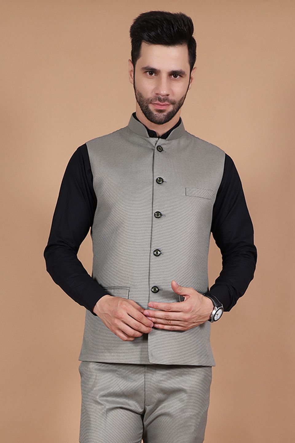 Polyester Cotton Grey Modi Nehru Jacket