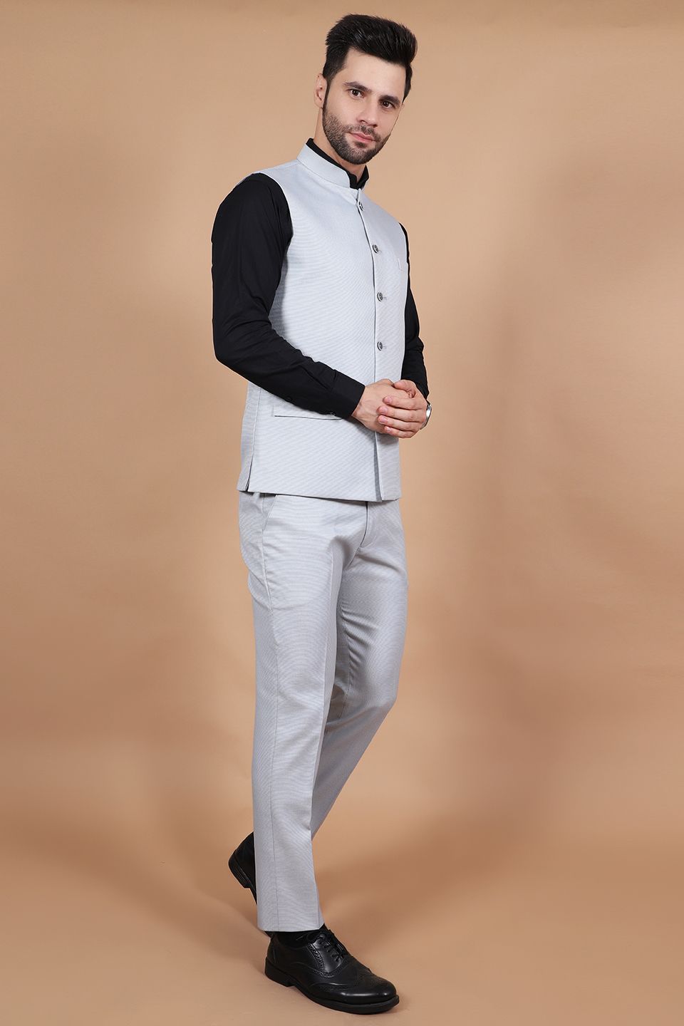Polyester Cotton Silver Vest and Trouser Set