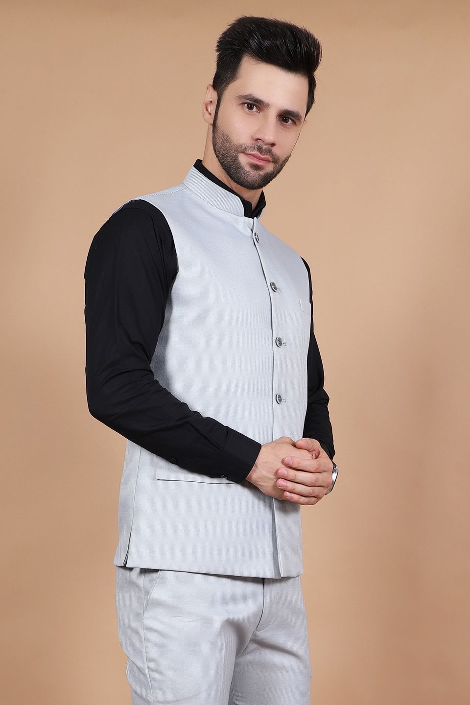 Polyester Cotton Silver Modi Nehru Jacket