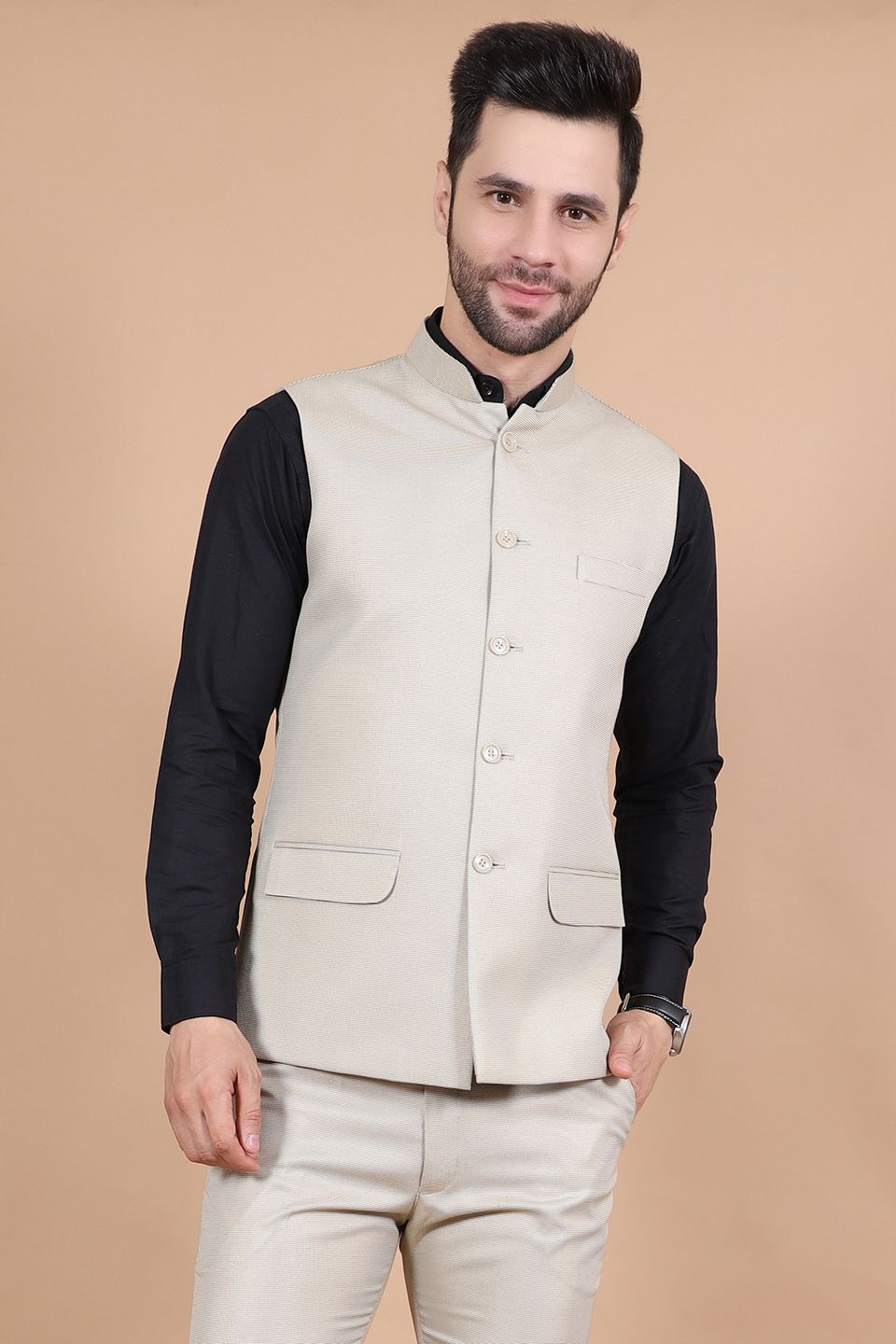 Polyester Cotton Beige Vest and Trouser Set