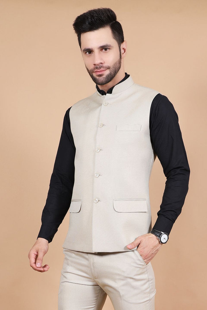 Polyester Cotton Beige Vest and Trouser Set