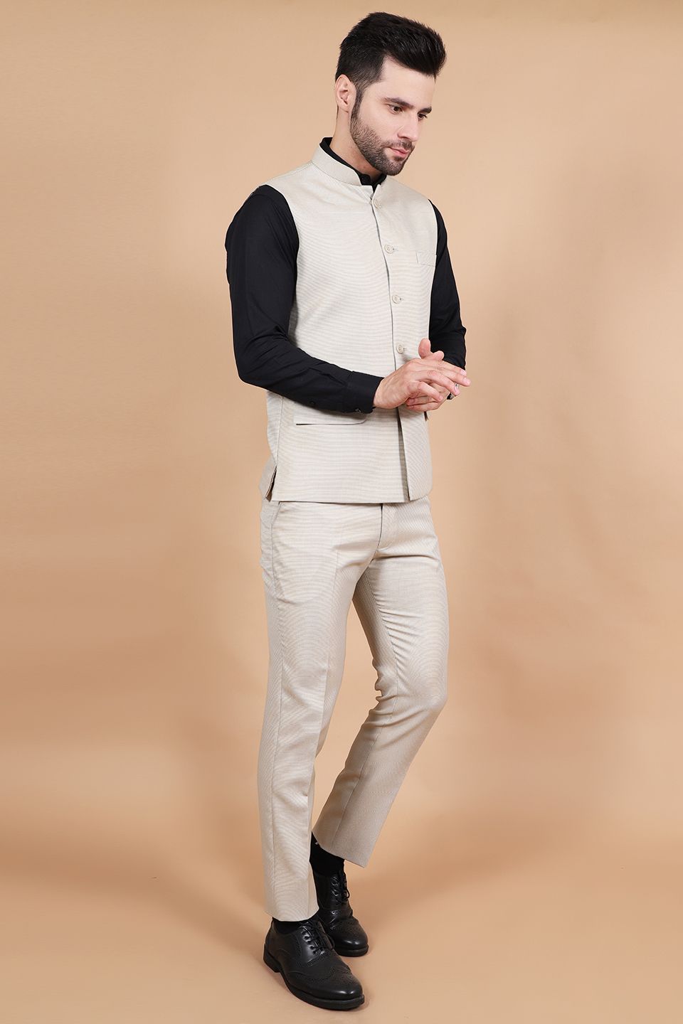 Polyester Cotton Beige Vest and Trouser Set