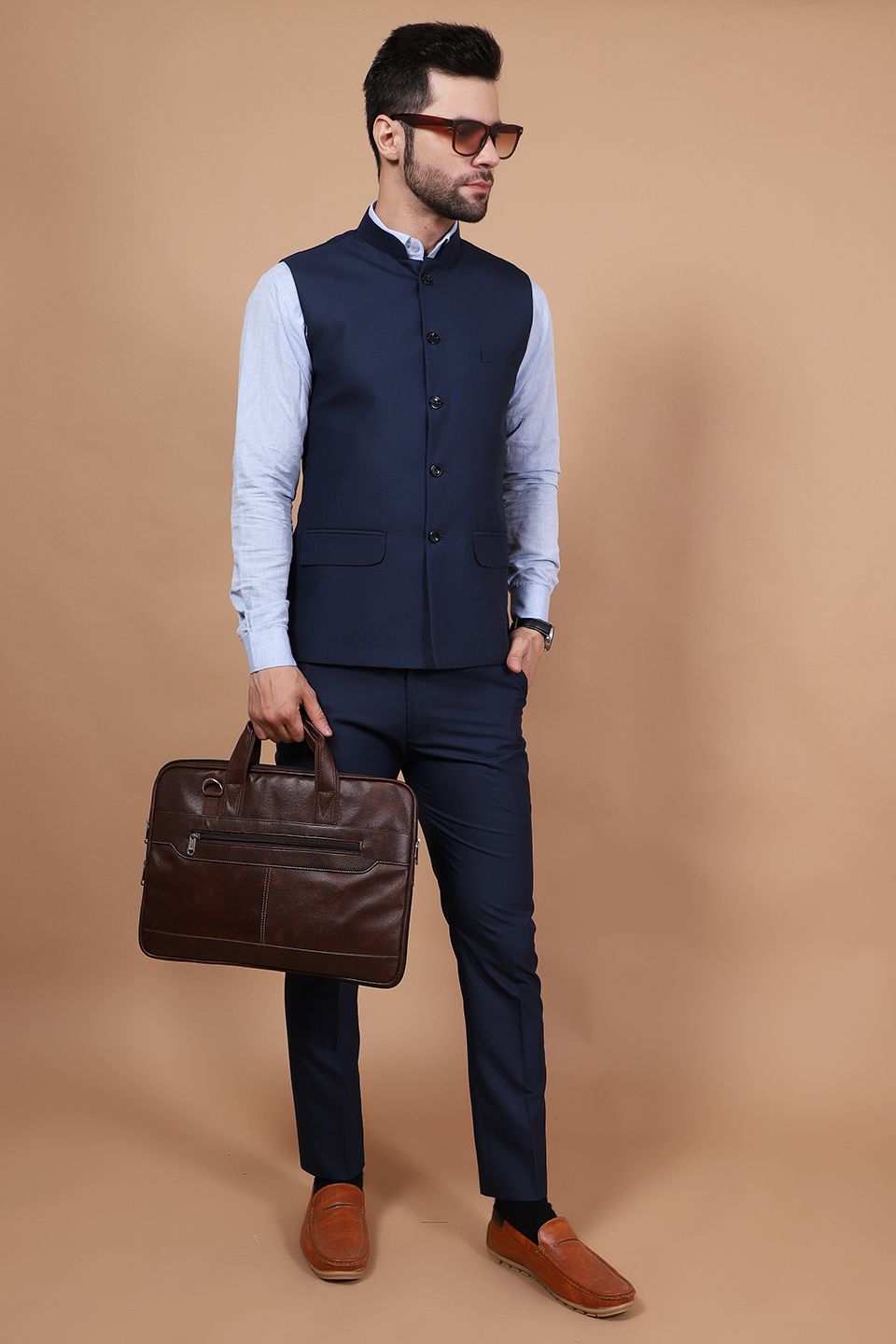 Polyester Cotton Blue Vest and Trouser Set